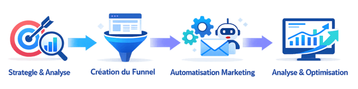 Schéma de la méthodologie en 4 étapes pour la création de tunnels de vente automatisés au Maroc