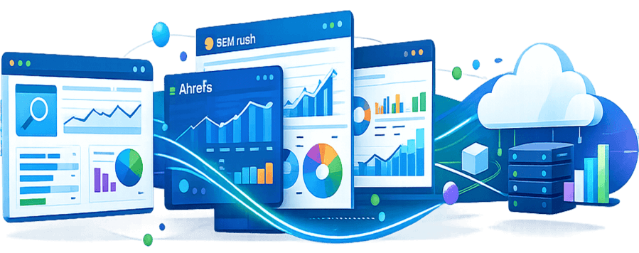Stack technique SEO incluant Google Search Console, SEMrush, Ahrefs et GA4