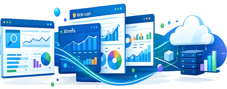 Stack technique SEO incluant Google Search Console, SEMrush, Ahrefs et GA4.