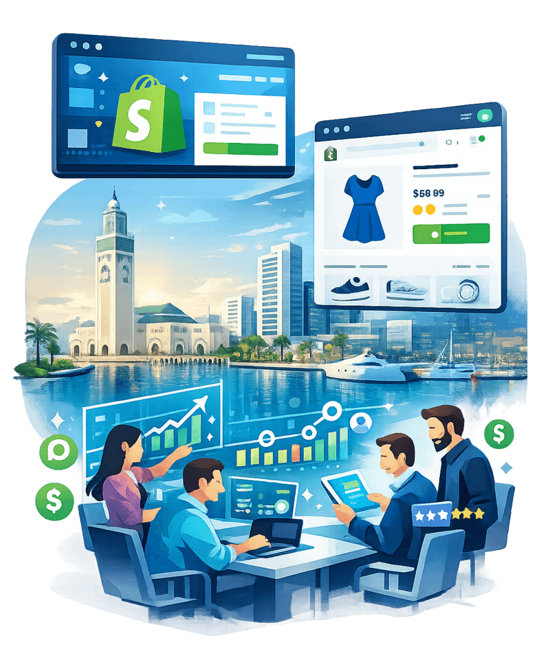 Agence experte Shopify à Casablanca spécialisée dans la création et l'optimisation de boutiques e-commerce haute performance