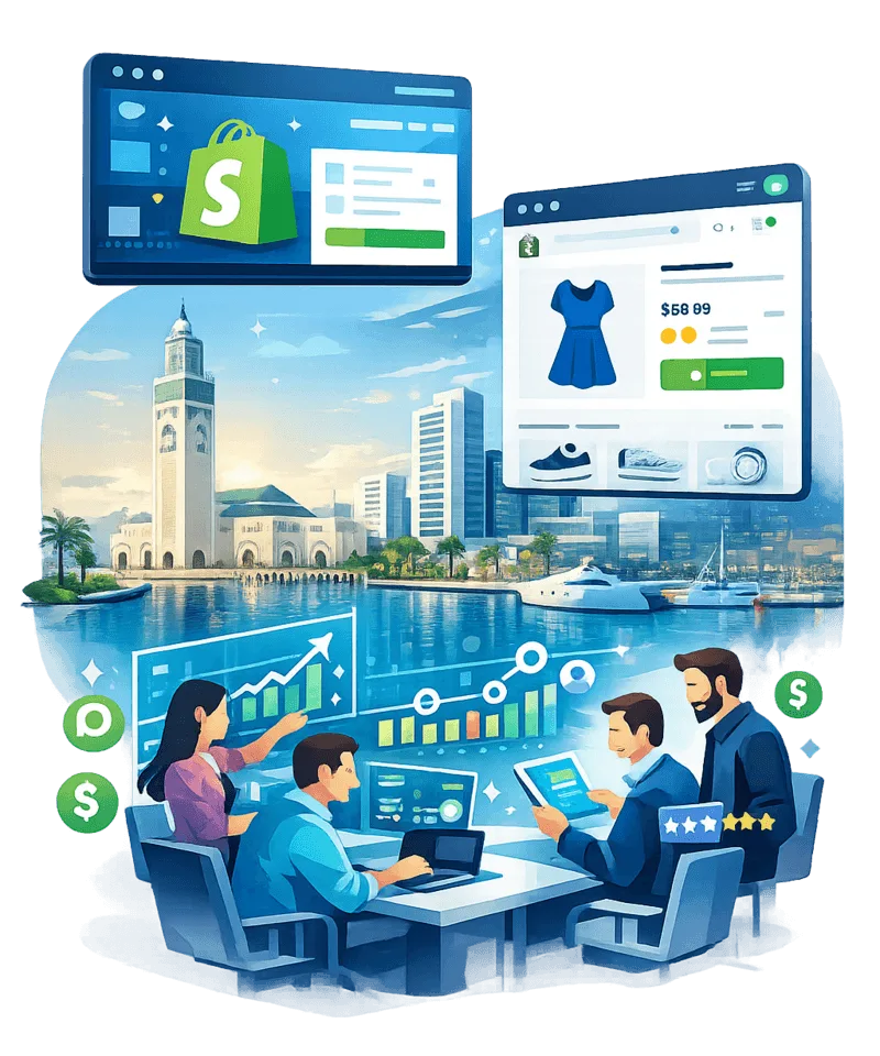 Agence experte Shopify à Casablanca spécialisée dans la création et l'optimisation de boutiques e-commerce haute performance.