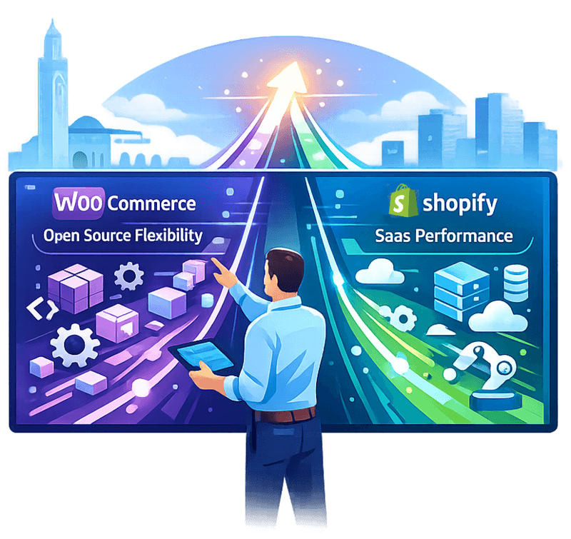 Comparatif stratégique WooCommerce vs Shopify pour création de site e-commerce scalable à Casablanca par Time2rank