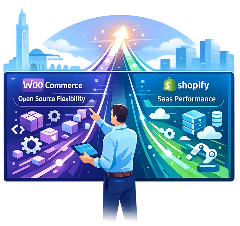 Comparatif stratégique WooCommerce vs Shopify pour création de site e-commerce scalable à Casablanca par Time2rank