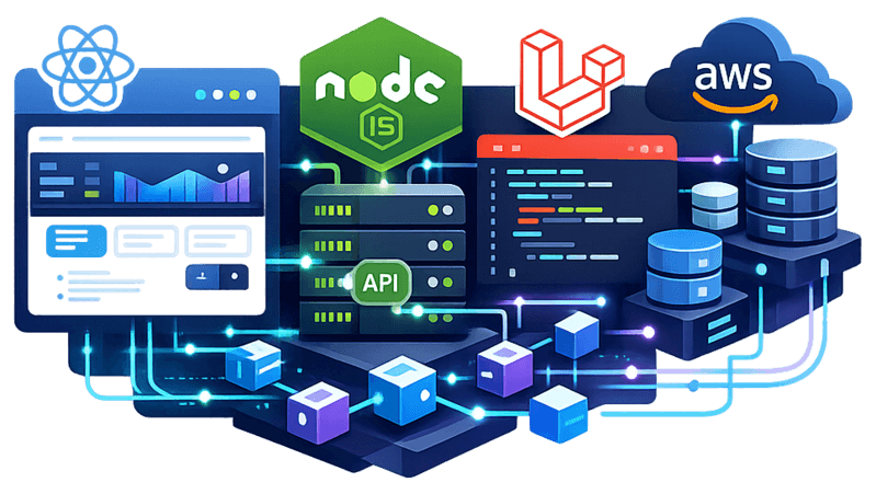 Stack technique moderne incluant React, Node.js, Laravel et AWS pour applications scalables