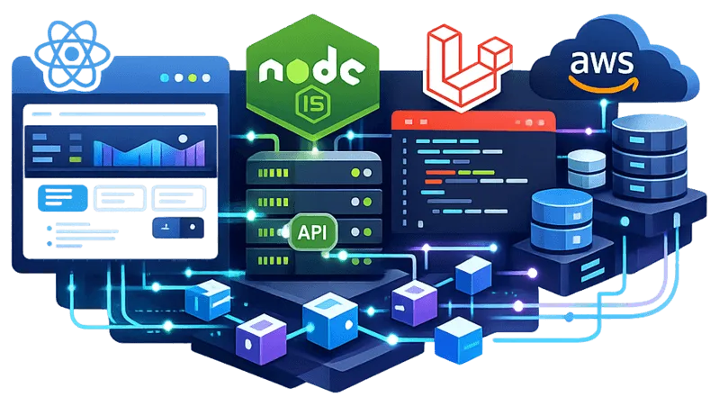 Stack technique moderne incluant React, Node.js, Laravel et AWS pour applications scalables.