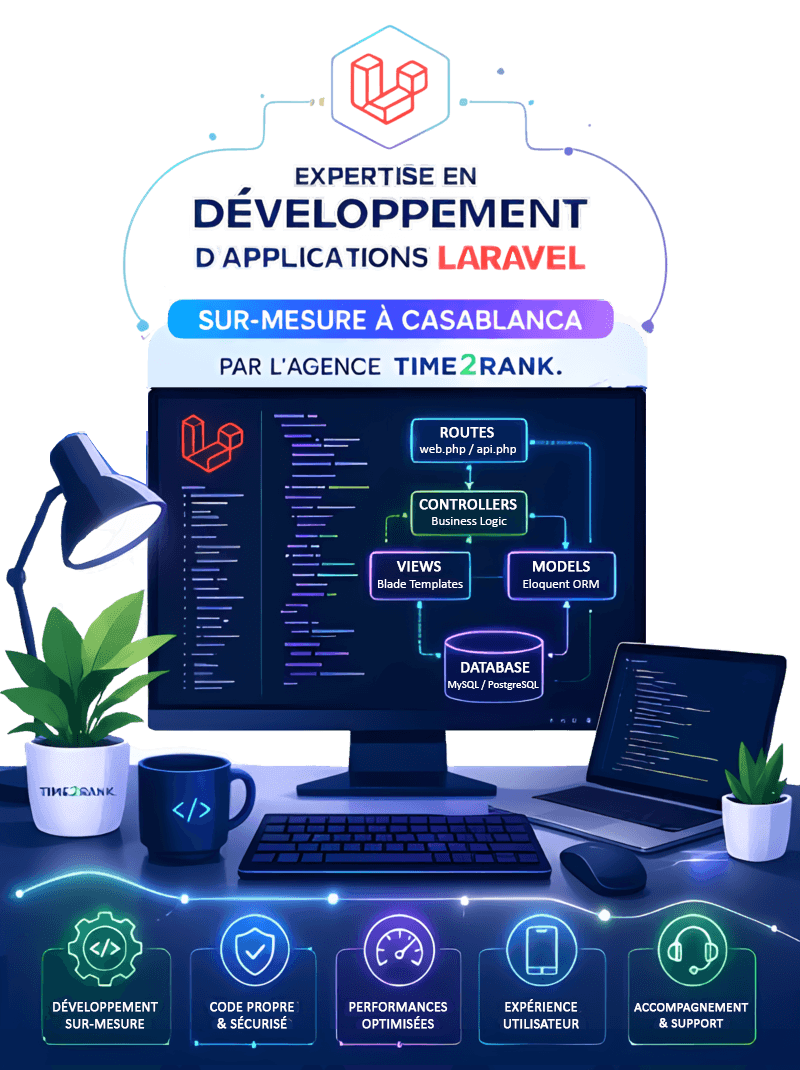 Expertise en développement d'applications Laravel sur-mesure à Casablanca par l'agence Time2rank