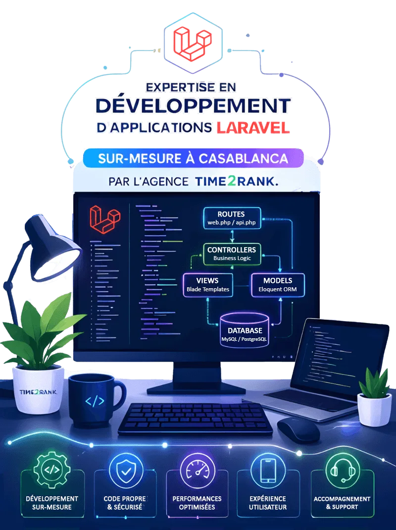 Expertise en développement d'applications Laravel sur-mesure à Casablanca par l'agence Time2rank.